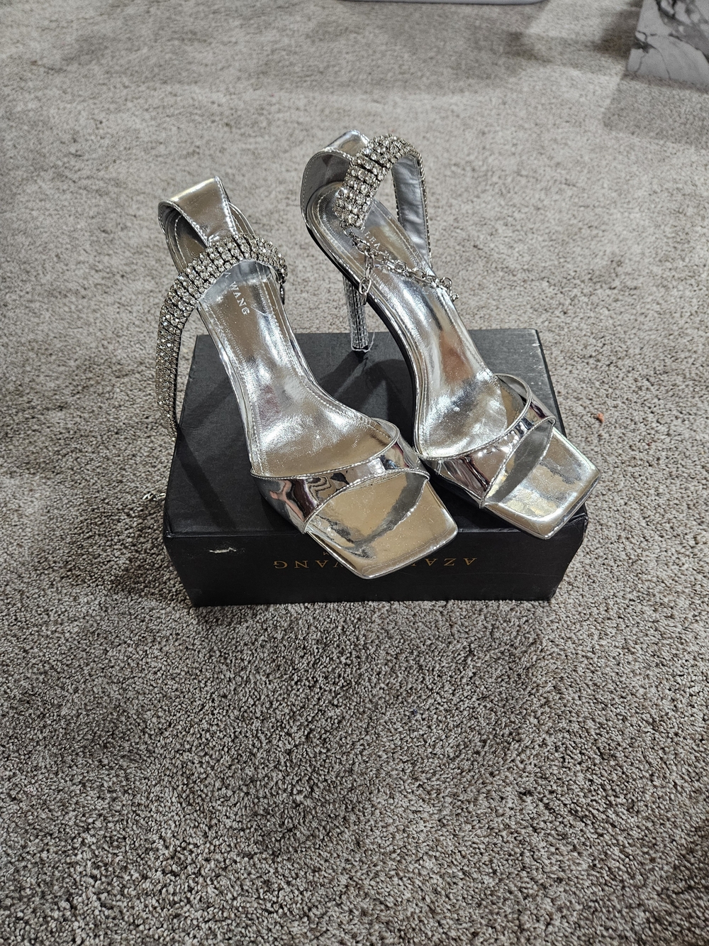 Azalea Wang - Silver Rhinestone Ankle-Strap High Heel Sandals